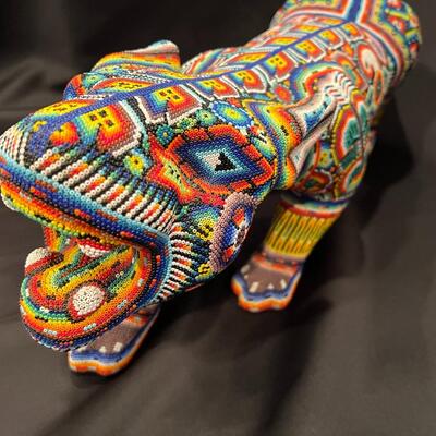 Large Huichol Multicolor Beaded Jaguar Art 34 Inches Long