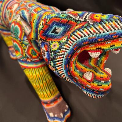 Large Huichol Multicolor Beaded Jaguar Art 34 Inches Long