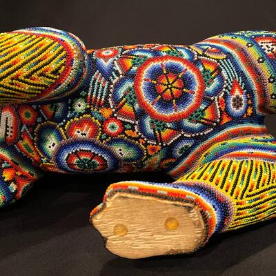 Large Huichol Multicolor Beaded Jaguar Art 34 Inches Long