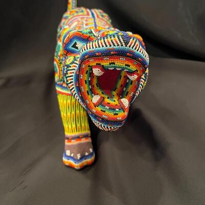 Large Huichol Multicolor Beaded Jaguar Art 34 Inches Long