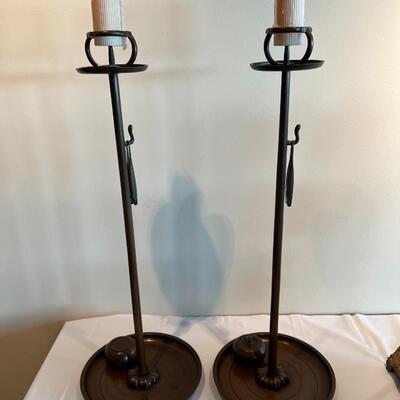 Pair of Tall Vintage Metal Candlesticks with Accessories