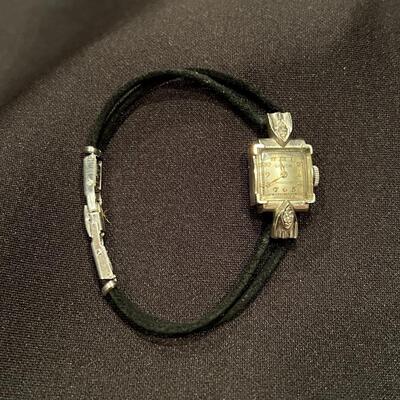 Antique Gruen Precision 14K White Gold Watch on Black Leather Double Strand Band