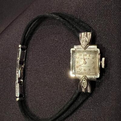 Antique Gruen Precision 14K White Gold Watch on Black Leather Double Strand Band