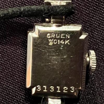 Antique Gruen Precision 14K White Gold Watch on Black Leather Double Strand Band