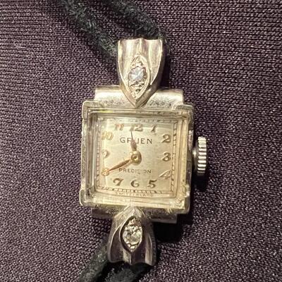 Antique Gruen Precision 14K White Gold Watch on Black Leather Double Strand Band