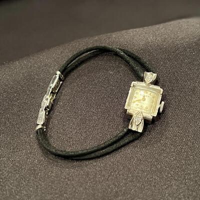 Antique Gruen Precision 14K White Gold Watch on Black Leather Double Strand Band