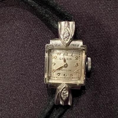 Antique Gruen Precision 14K White Gold Watch on Black Leather Double Strand Band