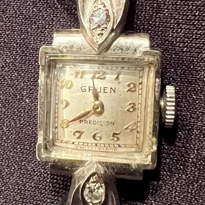 Antique Gruen Precision 14K White Gold Watch on Black Leather Double Strand Band