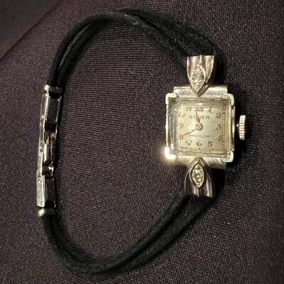 Antique Gruen Precision 14K White Gold Watch on Black Leather Double Strand Band