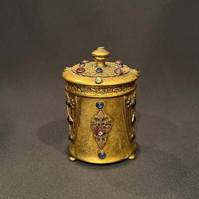 Art Deco Apollo Gilt Metal and Jeweled Lidded Container