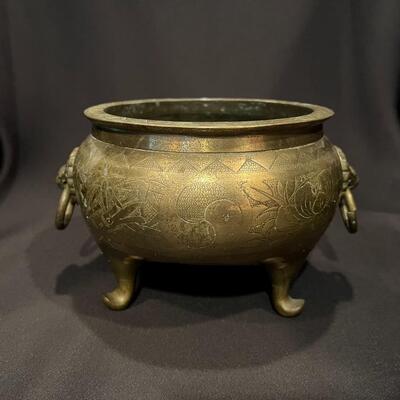 Antique Chinese Brass Planter with Lion Handles