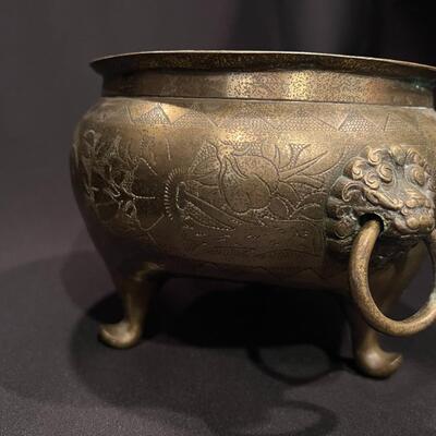 Antique Chinese Brass Planter with Lion Handles