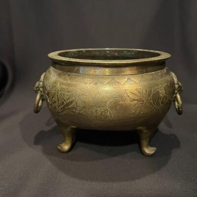 Antique Chinese Brass Planter with Lion Handles