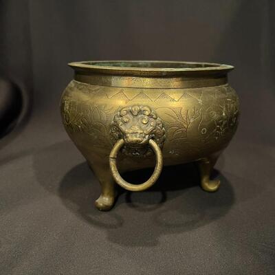 Antique Chinese Brass Planter with Lion Handles