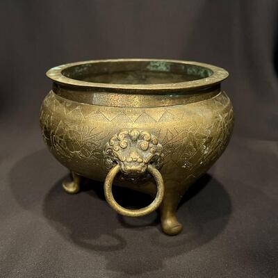 Antique Chinese Brass Planter with Lion Handles