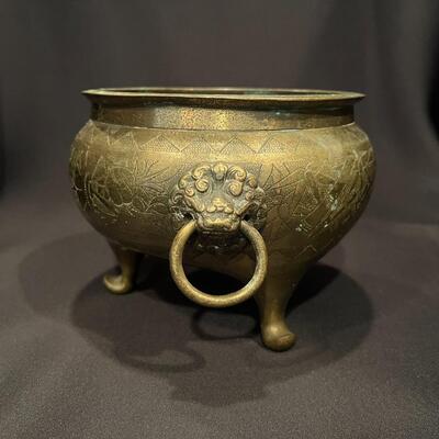 Antique Chinese Brass Planter with Lion Handles