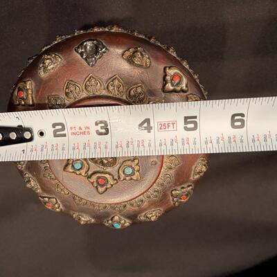 Antique Asian Wood Bowl with Brass Blue Turquoise and Red Coral Embellishments