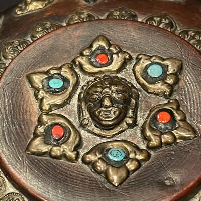 Antique Asian Wood Bowl with Brass Blue Turquoise and Red Coral Embellishments