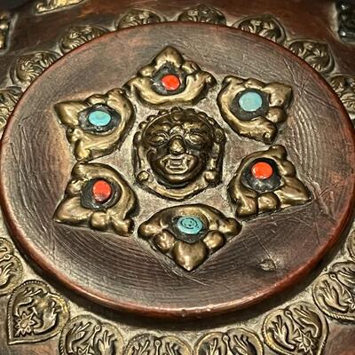 Antique Asian Wood Bowl with Brass Blue Turquoise and Red Coral Embellishments