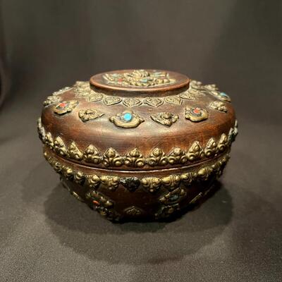 Antique Asian Wood Bowl with Brass Blue Turquoise and Red Coral Embellishments