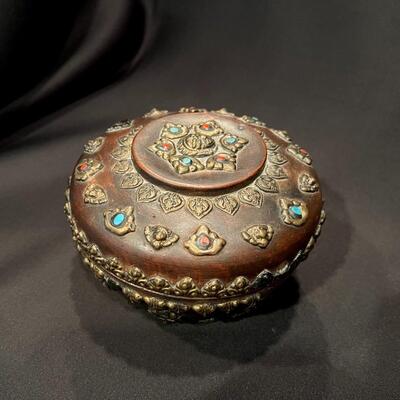 Antique Asian Wood Bowl with Brass Blue Turquoise and Red Coral Embellishments