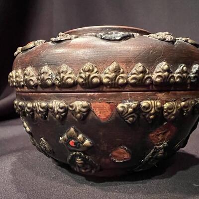 Antique Asian Wood Bowl with Brass Blue Turquoise and Red Coral Embellishments