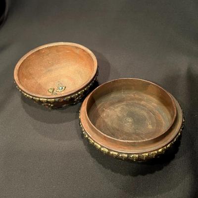 Antique Asian Wood Bowl with Brass Blue Turquoise and Red Coral Embellishments