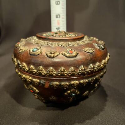 Antique Asian Wood Bowl with Brass Blue Turquoise and Red Coral Embellishments