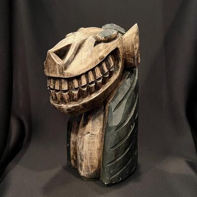 Vintage Carved Wood Head of Animal Statue Signed JFT