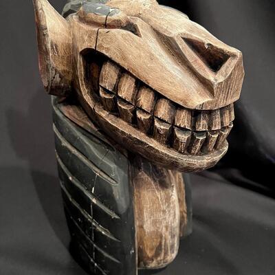 Vintage Carved Wood Head of Animal Statue Signed JFT