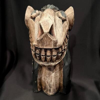 Vintage Carved Wood Head of Animal Statue Signed JFT