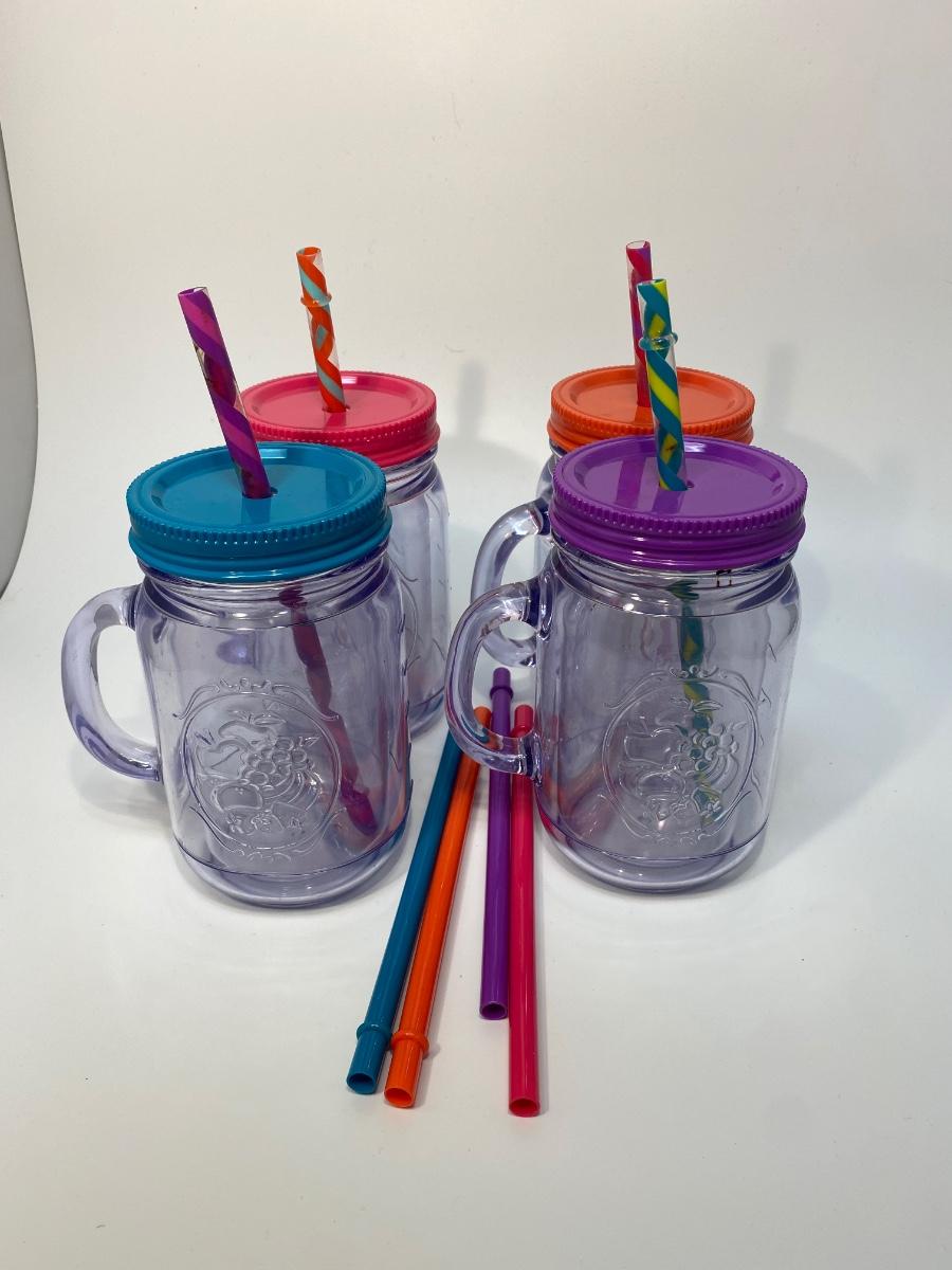 Lot of Aladdin Plastic Mason Jars with Multicolored Lids & Plastic