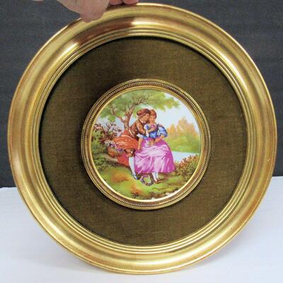 Round Porcelain Image Framed Wood With Fabric Frame