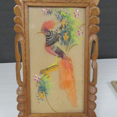 Vintage Feather Art Carved Frame Bird Picture