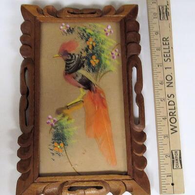 Vintage Feather Art Carved Frame Bird Picture