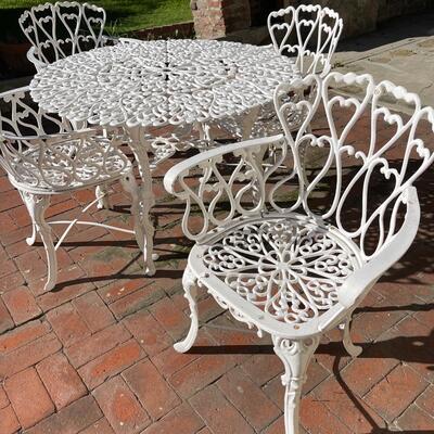 Lot 23  Victorian Style Patio Set Table + 4 Chairs Cast Aluminum