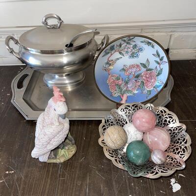 Lot 39 Home Decor Group Cockatoo Marble Orbs Tureen &  Tray Bowl Floral Design