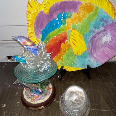 Lot 40 Tropical Group Fish Plate + Acrylic Dolphin Sculpture + Ice Bucket + Crystal Ball