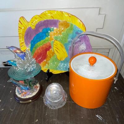 Lot 40 Tropical Group Fish Plate + Acrylic Dolphin Sculpture + Ice Bucket + Crystal Ball