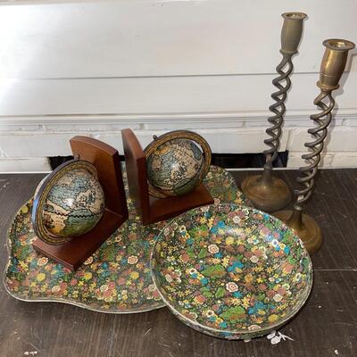 Lot 41 Italian Lacquered Bowl & Tray Brass Candlesticks Globe Bookends