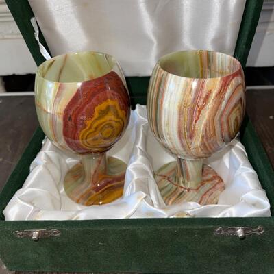 Lot 43 Pair Polished Stone Goblets in Case