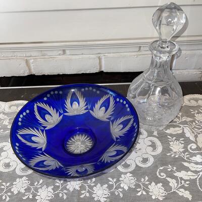 Lot 45 Bohemia Cobalt Blue Crystal Bowl Cut Glass + Clear Decanter