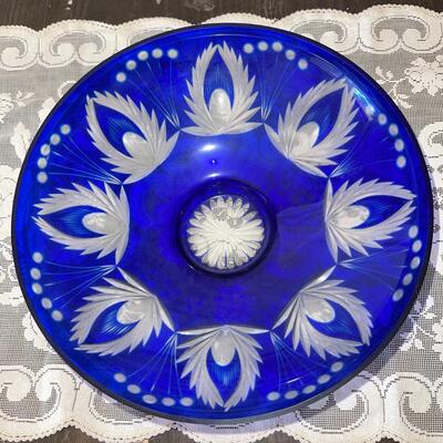 Lot 45 Bohemia Cobalt Blue Crystal Bowl Cut Glass + Clear Decanter