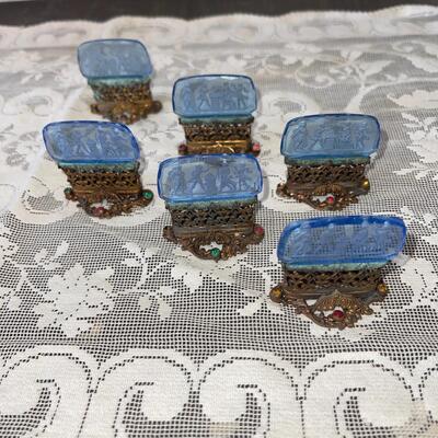 Lot 46 Antique Czech Filagree and Blue Etched Glass Place Card Holders 6pcs
