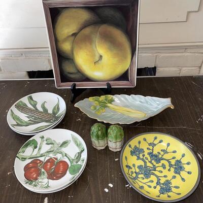 Lot 51 Fruit & Veggie Group Plates Salt & Pepper Celery Pear Pewter Clad Asian