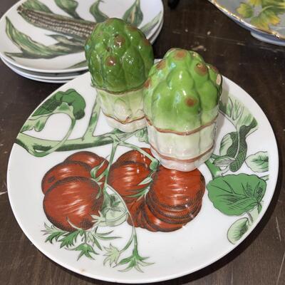 Lot 51 Fruit & Veggie Group Plates Salt & Pepper Celery Pear Pewter Clad Asian