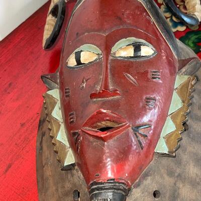 Lot 83 African Mask Rams Horns Painted Face Open Mouth 24" tall.