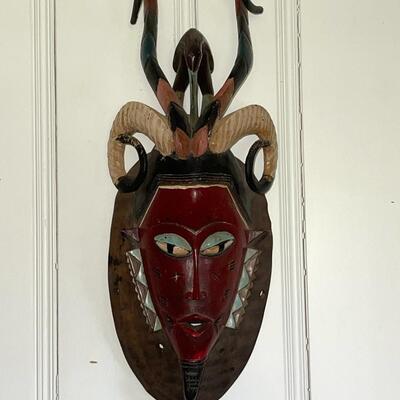 Lot 83 African Mask Rams Horns Painted Face Open Mouth 24" tall.