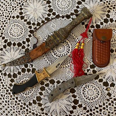 Lot 92 Group 3 Decorative Knives 2 Folding Scimitar Middle East