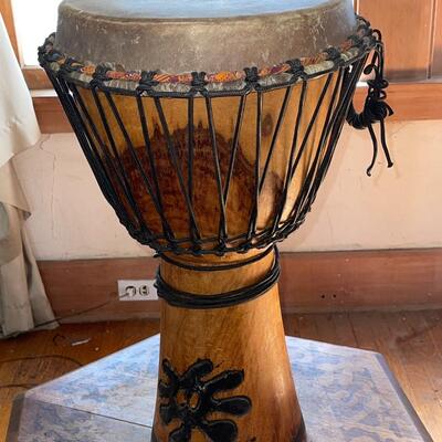 Lot 97 Wooden African Drum Cloth Carry Bag Ethnic 25" tall